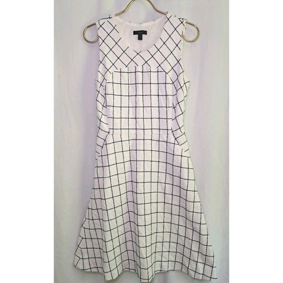 J.Crew Sleeveless Windowpane Tweed Fit & Flare Dress Ivory Navy Lined Size 2 - Picture 1 of 10